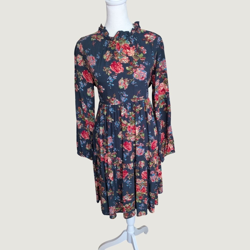 April Cornell Floral Cottagecore Long Sleeve Midi Dress Ruffle Neck Navy Blue XS